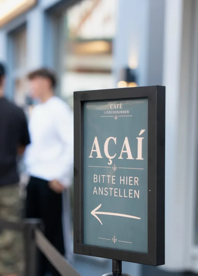Schild vor dem Café: Açaí – bitte hier anstellen