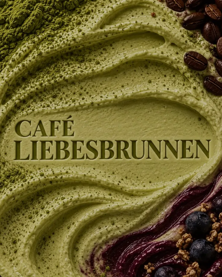 Matcha-Creme mit eingeprägtem Schriftzug Café Liebesbrunnen
